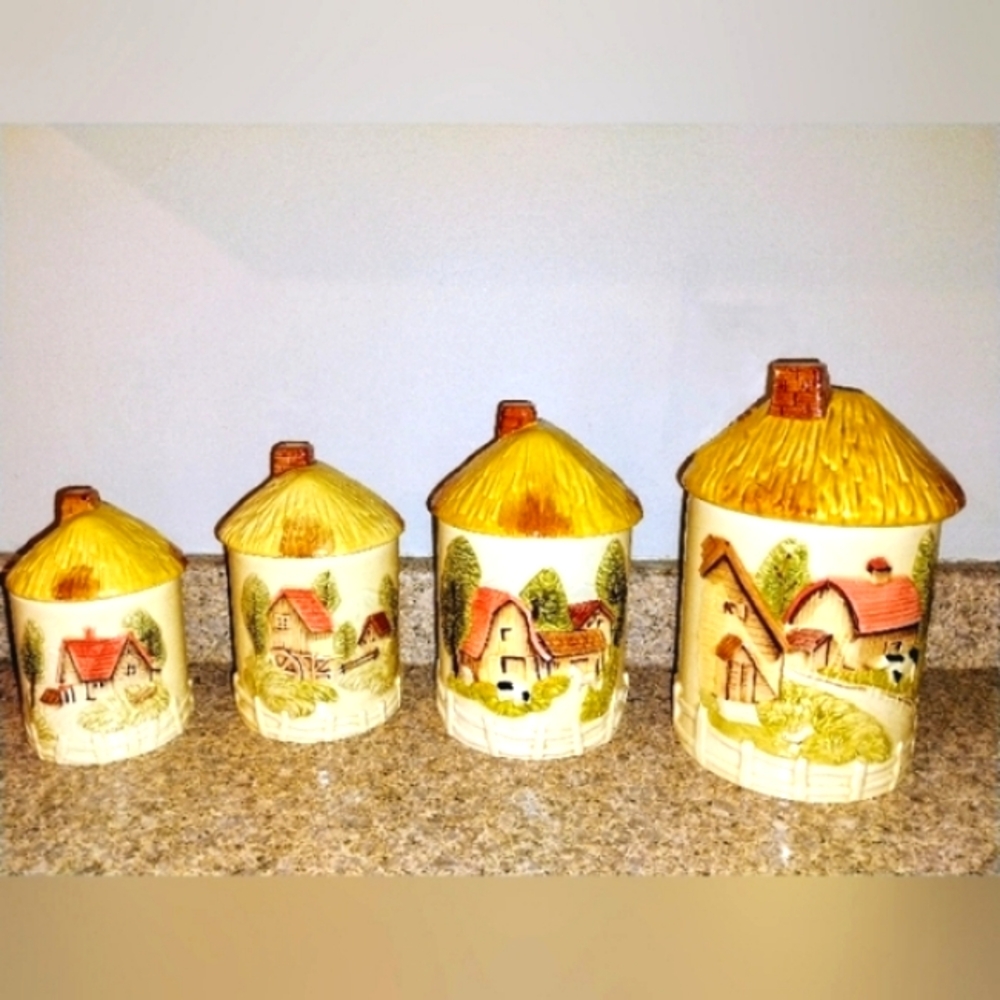 RARE SET EUC Sears & Roebuck Mark Rosenfeld Vintage Porcelain Farm Canisters